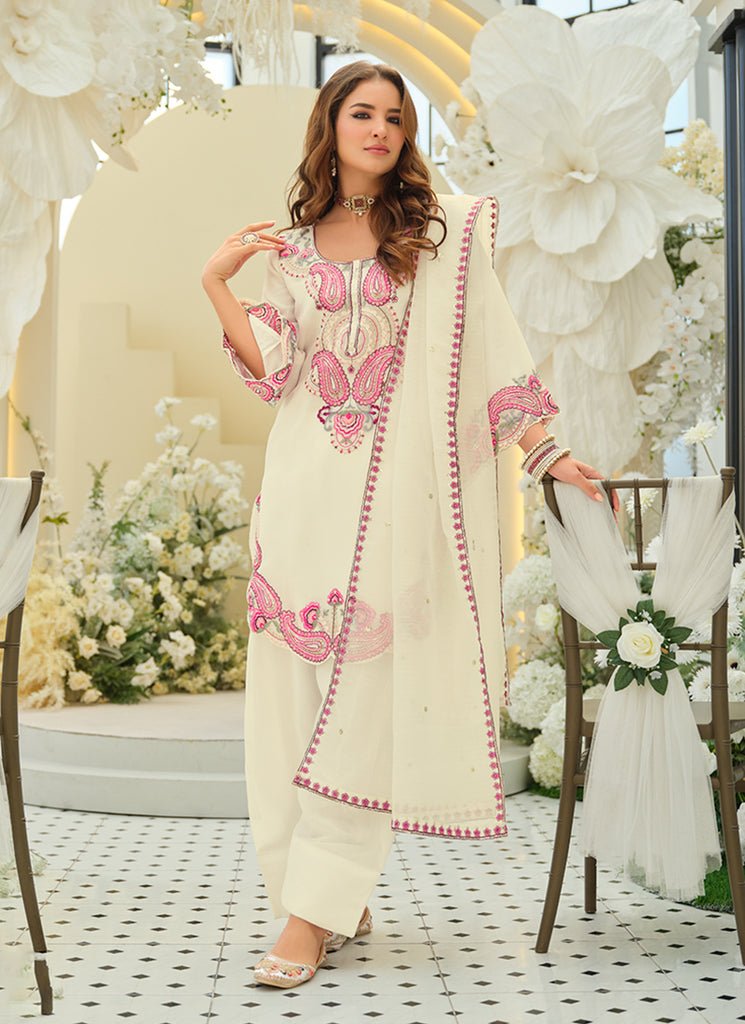 Off-white And Pink Heavy Embroidered Partywear Farshi Shalwar Style Dress.