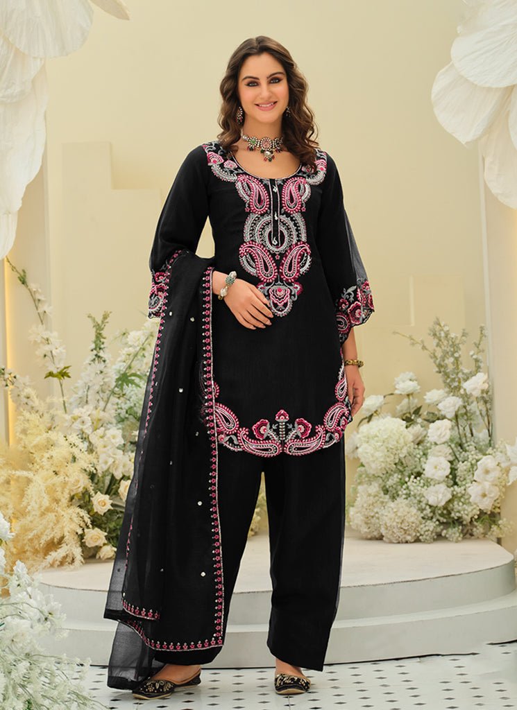 Black And Pink Heavy Embroidered Partywear Farshi Shalwar Style Dress.
