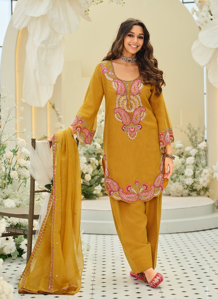Yellow Heavy Embroidered Partywear Farshi Shalwar Style Dress.