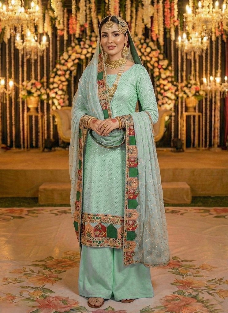 Sea Green Heavy Embroidered Partywear Palazzo Style Dress.