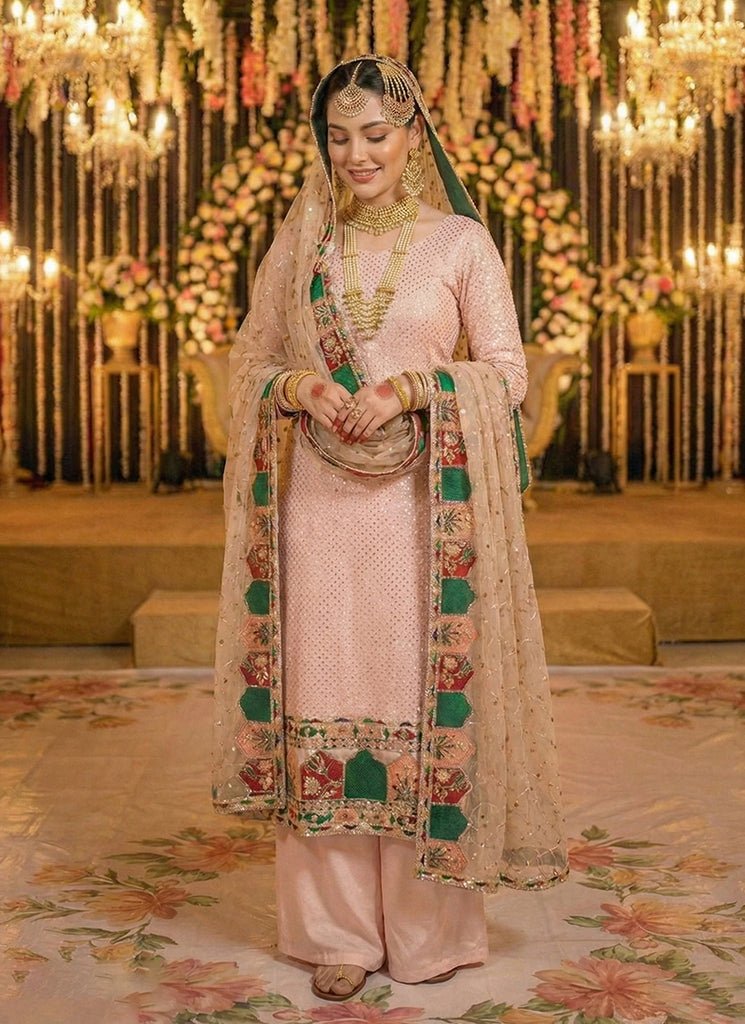 Pink Heavy Embroidered Partywear Palazzo Style Dress.