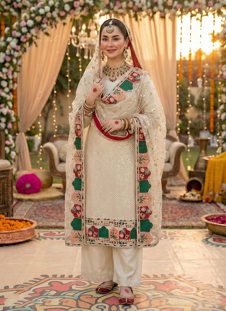 Off-white Heavy Embroidered Partywear Palazzo Style Dress.