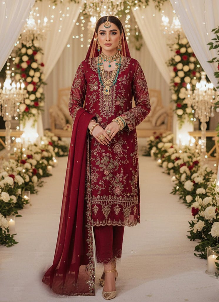 Maroon Heavy Embroidered Partywear Pant Style Dress.