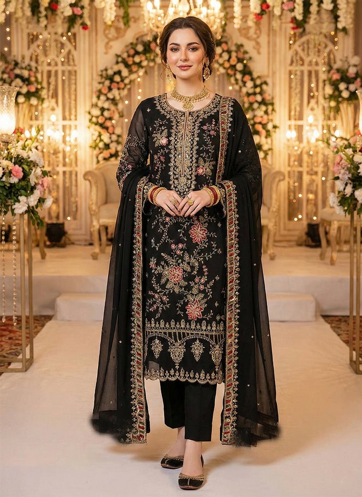Black Heavy Embroidered Partywear Pant Style Dress.