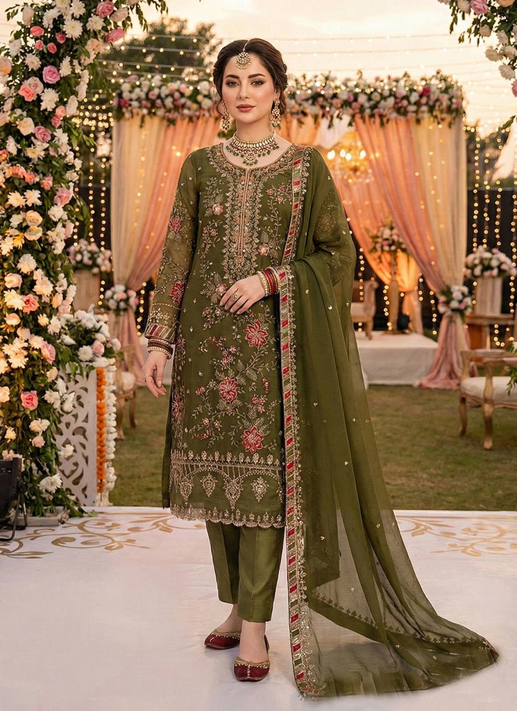Green Heavy Embroidered Partywear Pant Style Dress.