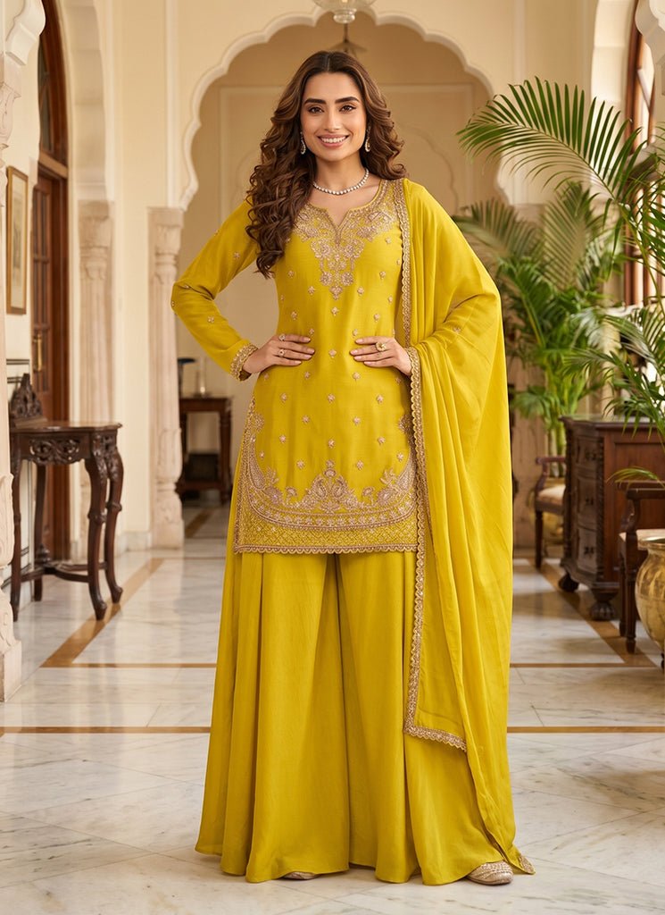 Yellow Heavy Embroidered Style Palazzo Suit.
