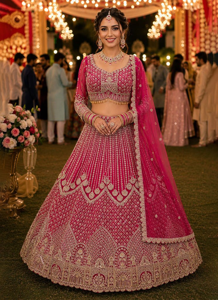 Magenta Pink Heavy Embroidered Bridal Net Lehenga Choli