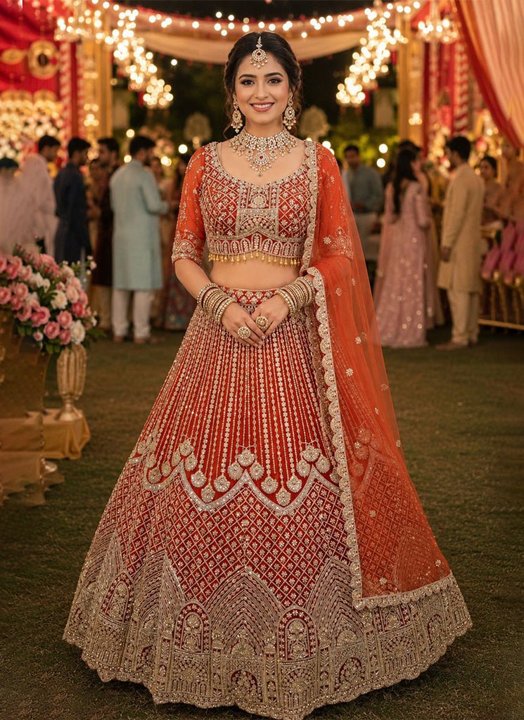 Orange Heavy Embroidered Bridal Net Lehenga Choli