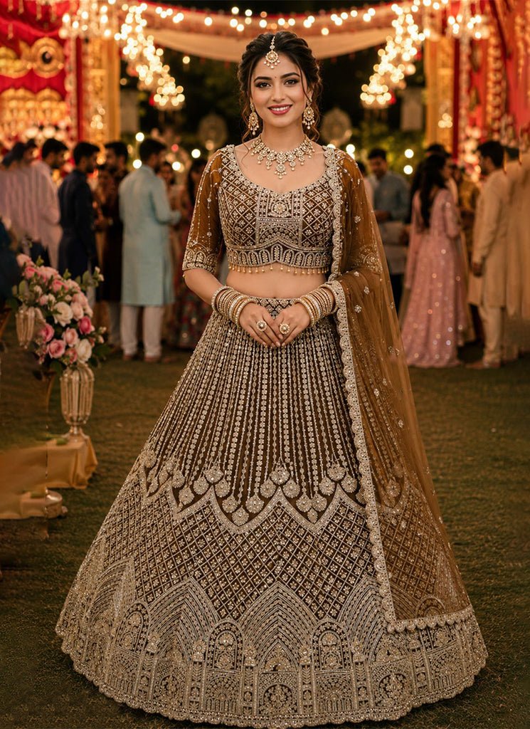 Brown Heavy Embroidered Bridal Net Lehenga Choli
