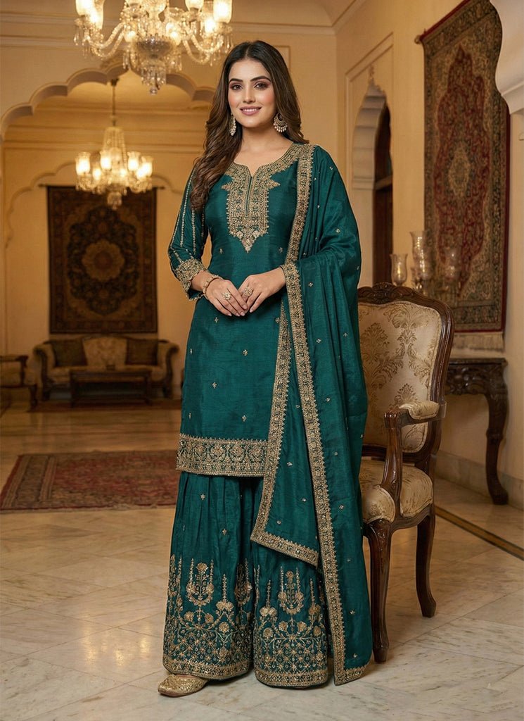 Teal Green Heavy Embroidered Partywear Palazzo Style Dress