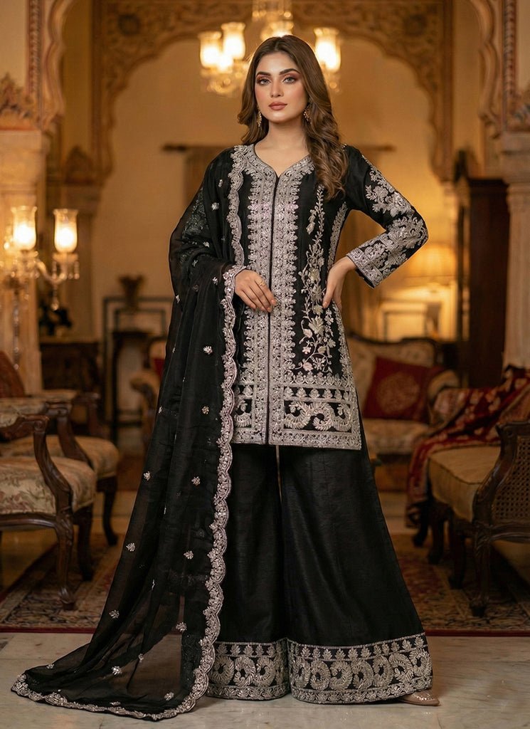 Black Heavy Embroidered Partywear Palazzo Style Dress