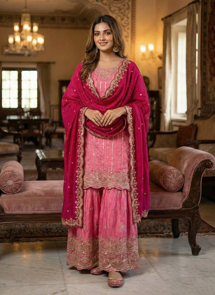 Pink Heavy Embroidered Partywear Gharara Style Dress