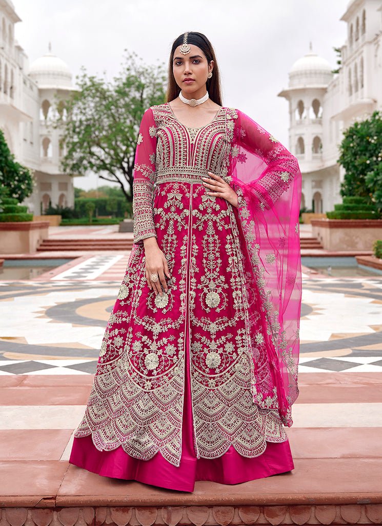 Magenta Pink Heavy Embroidered Slit Style Anarkali Lahenga Set