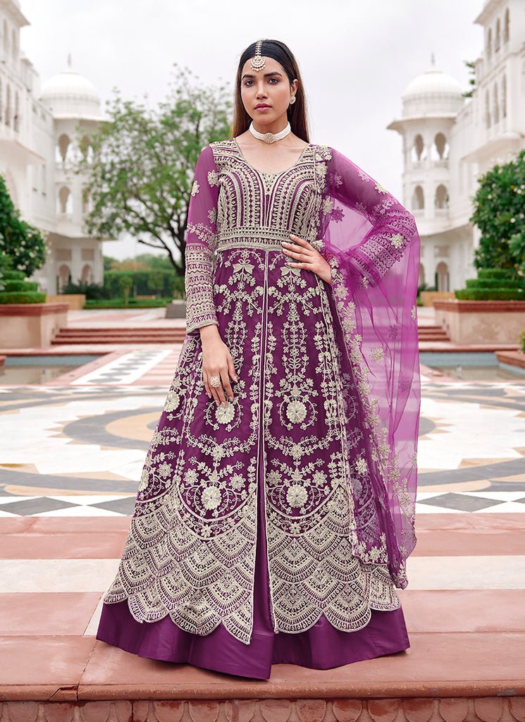 Purple Heavy Embroidered Slit Style Anarkali Lahenga Set