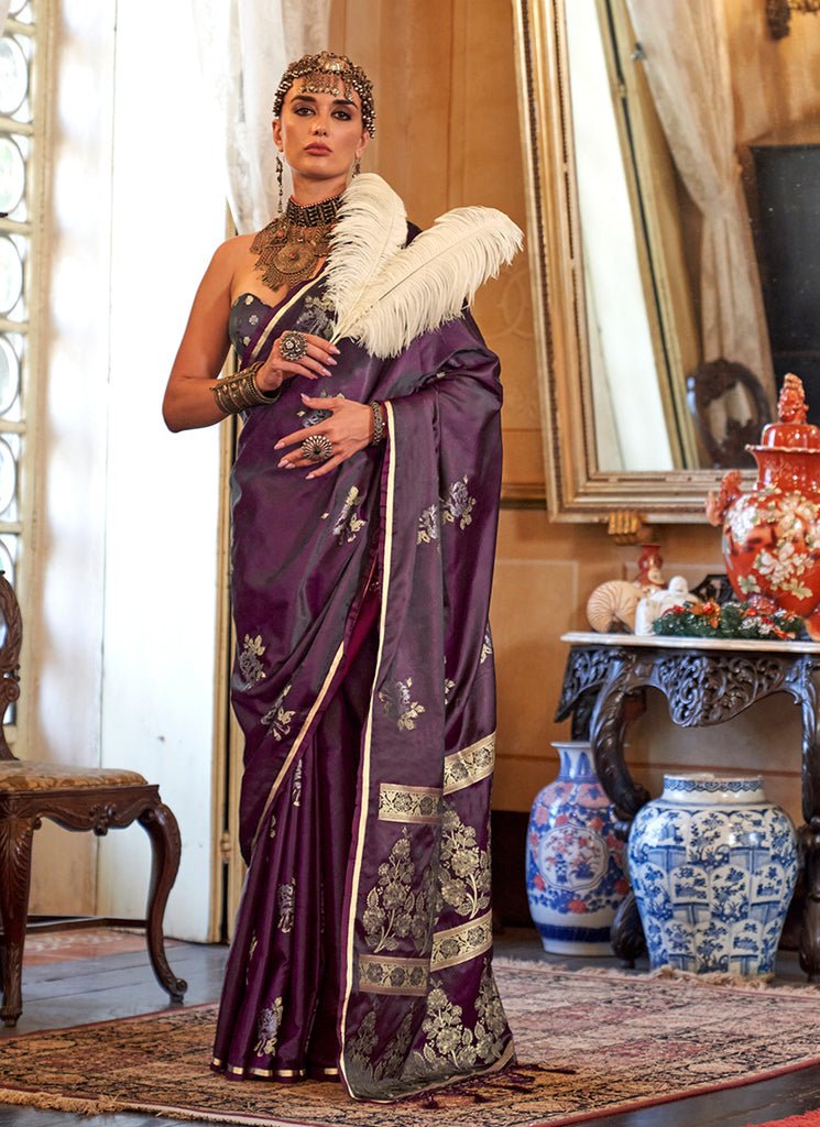 Wine Embroidered Festive Silk Saree