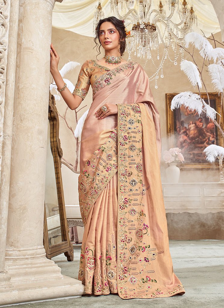 Pink Heavy Embroidered Festive Silk Saree