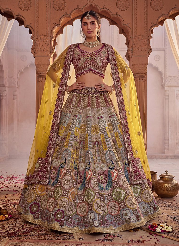 Beige Multicolored Heavy Embroidered Bridal Lehenga Choli