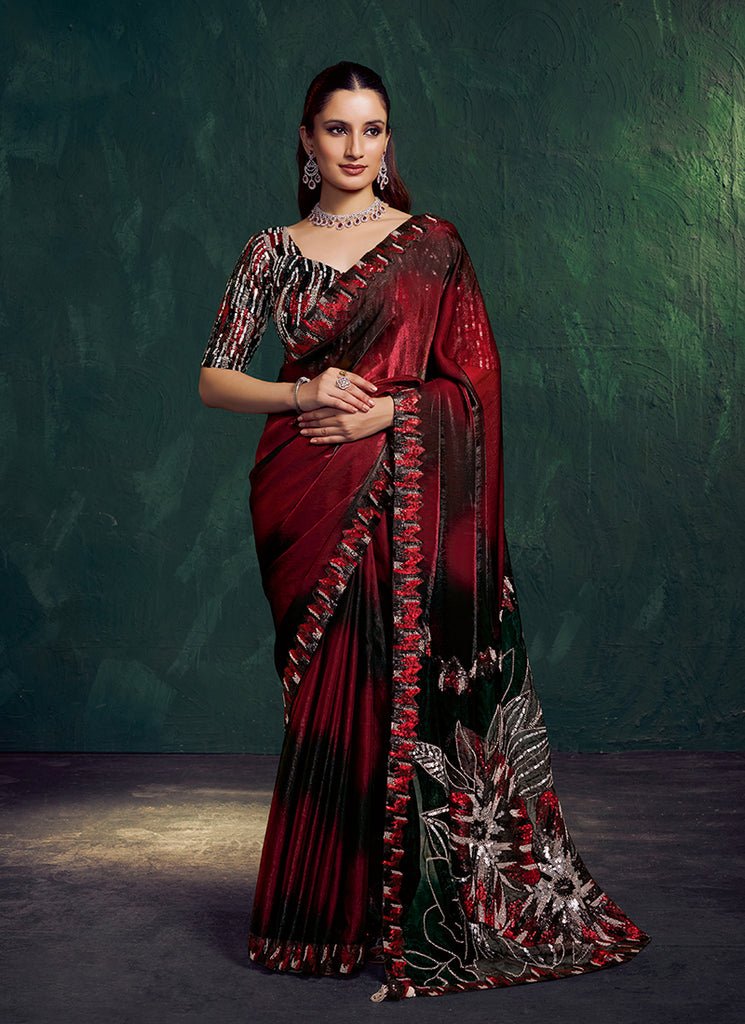 Red And Black Heavy Embroidered PartyWear Silk Saree