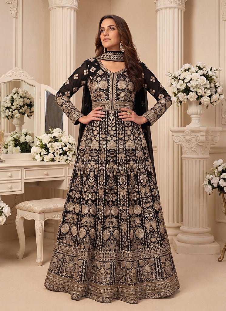 Black Heavy Embroidered Georgette Anarkali Dress