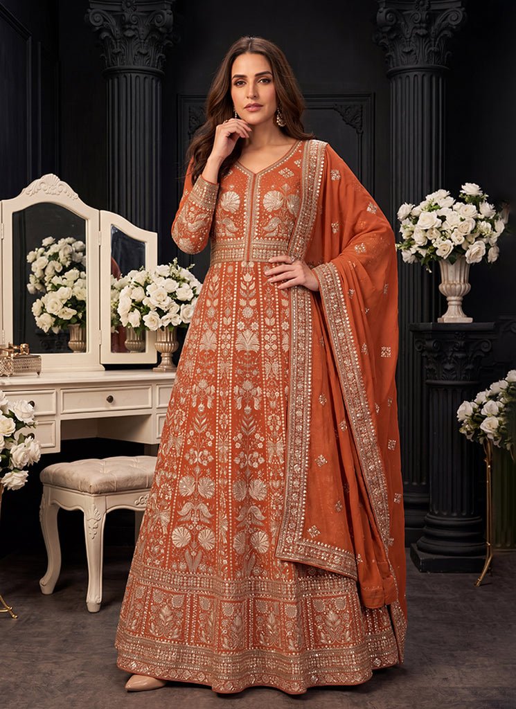 Orange Heavy Embroidered Georgette Anarkali Dress