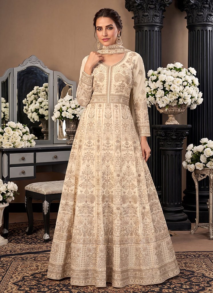 Cream Heavy Embroidered Georgette Anarkali Dress