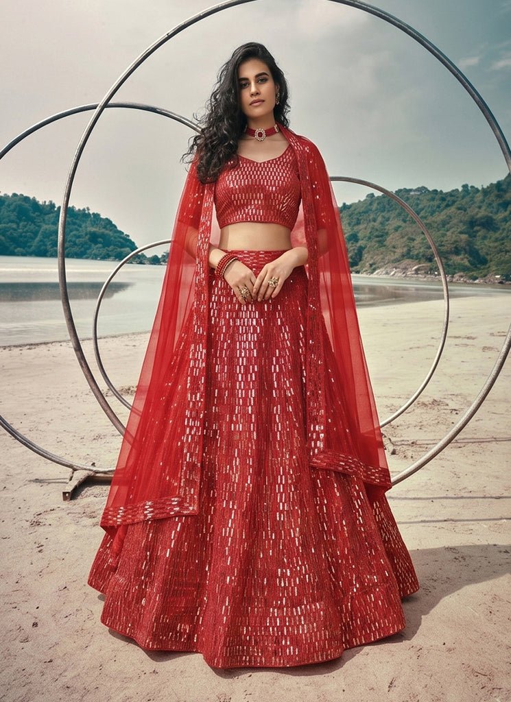 Red Sequins Heavy Embroidered Net Lehenga Choli