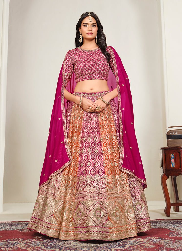 Pink Multicolored Heavy Embroidered Georgette Lehenga Chol