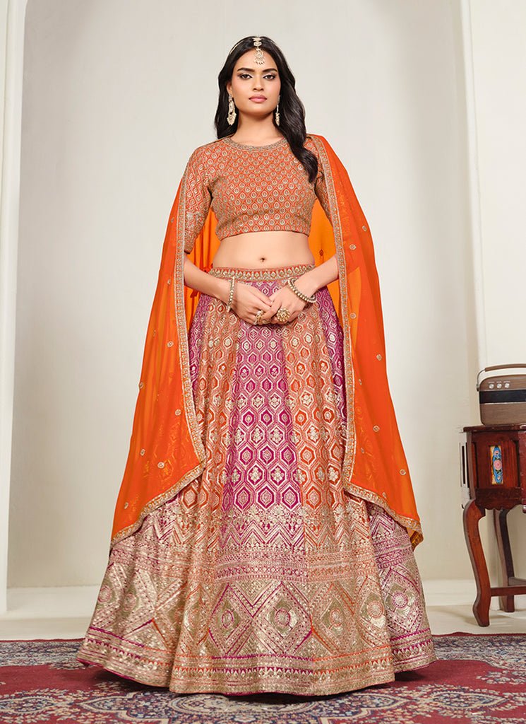 Orange Multicolored Heavy Embroidered Georgette Lehenga Chol
