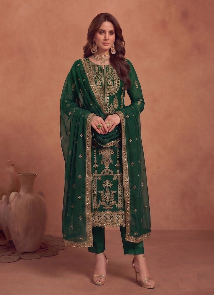 Green Heavy Embroidered Partywear Pakistani Palazzo Style Dress