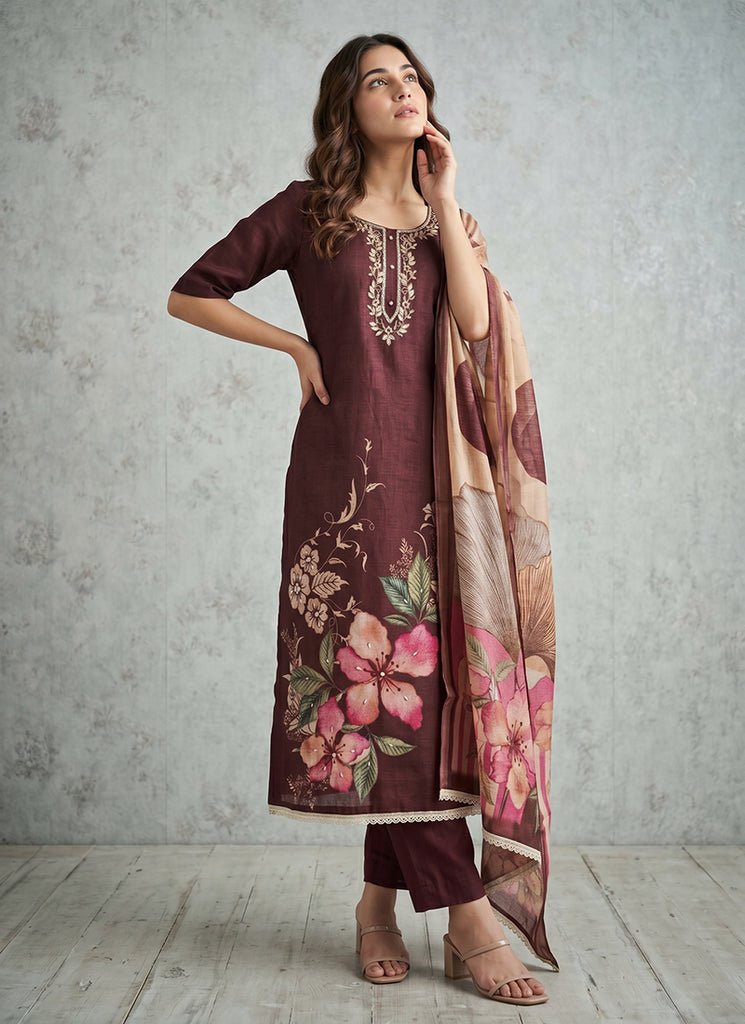 Brown Floral Printed Cotton Pant/Palazzo Style Dress