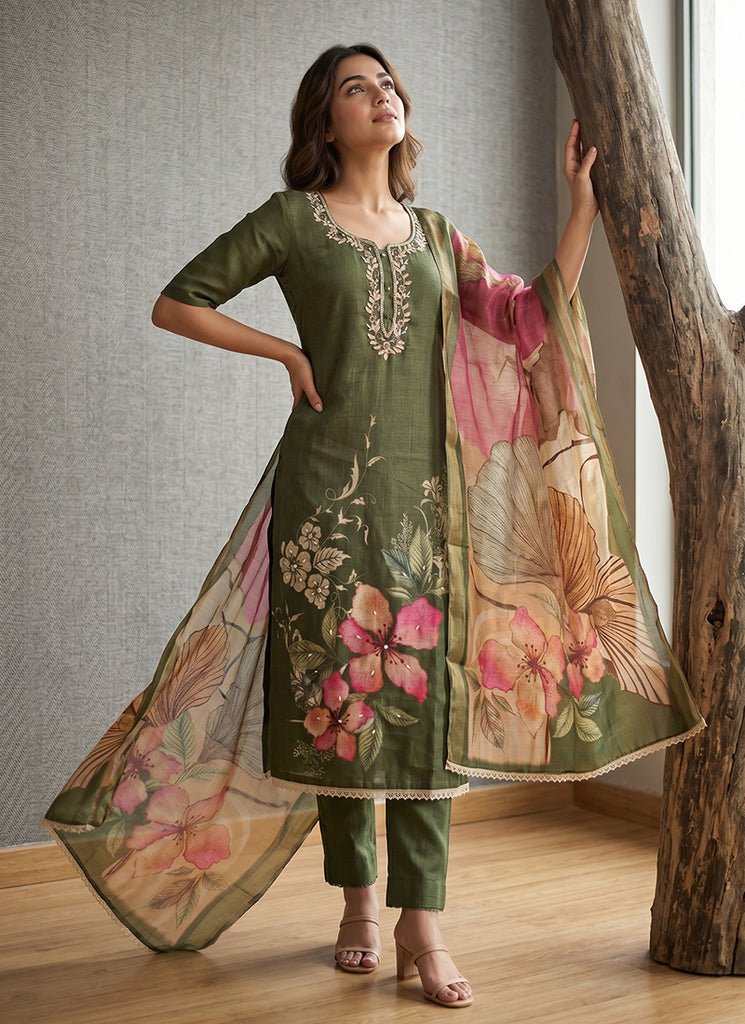 Green Floral Printed Cotton Pant/Palazzo Style Dress