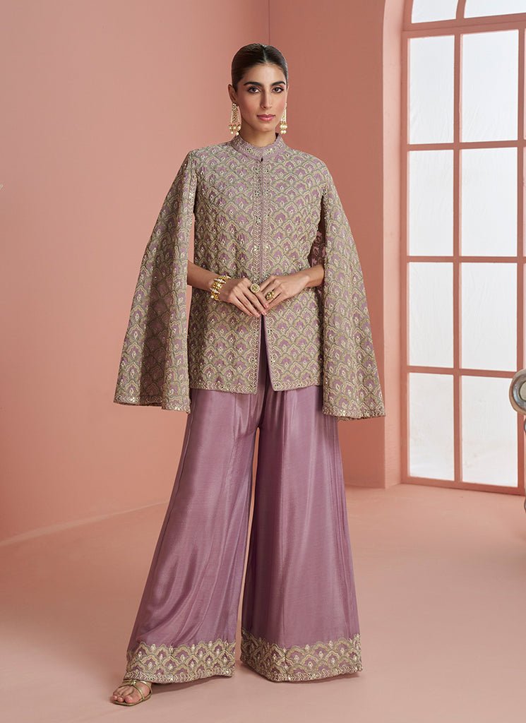 Mauve Pink Heavy Embroidered Designer Work Party Wear Cape Style Palazzo Set