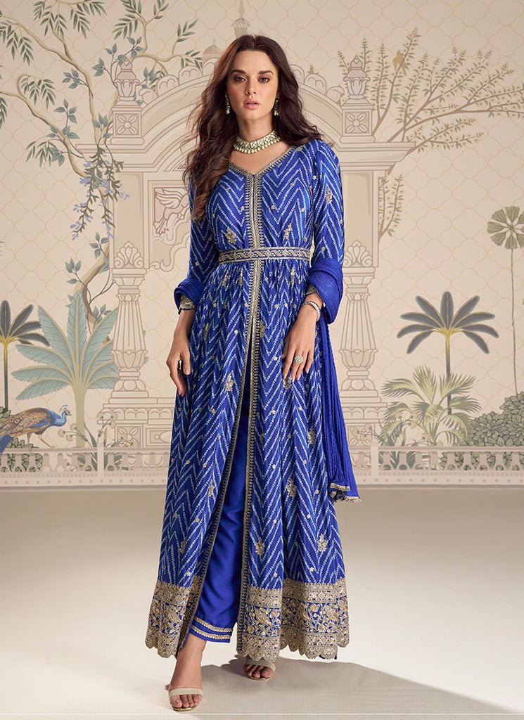 Blue Heavy Embroidered Slit Style Anarkali Pant Dress