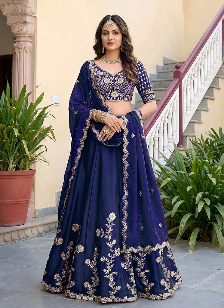 Blue Heavy Embroidered PartyWear Silk Lehenga Choli