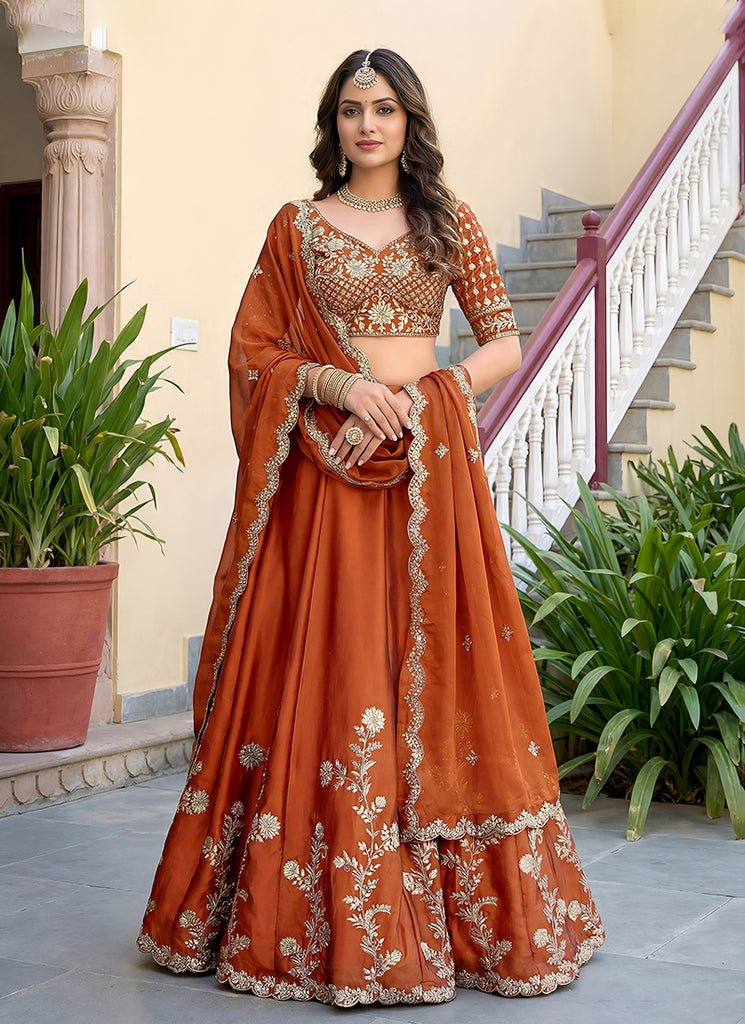 Orange Heavy Embroidered PartyWear Silk Lehenga Choli