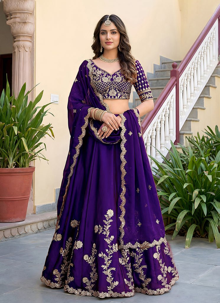 Purple Heavy Embroidered PartyWear Silk Lehenga Choli