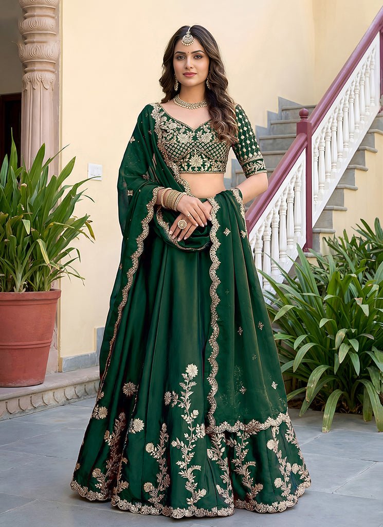 Green Heavy Embroidered PartyWear Silk Lehenga Choli