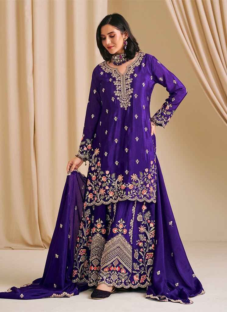 Purple Heavy Embroidered Partywear Sharara Style Dress.