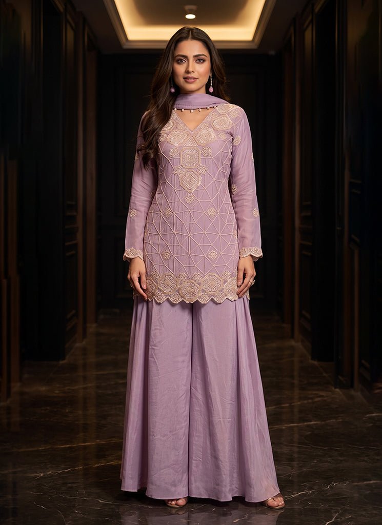 Mauve Purple Heavy Embroidered Partywear Palazzo Style Dress