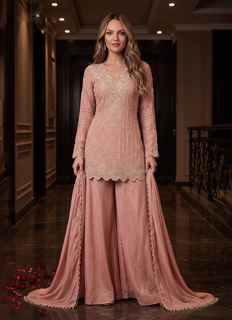 Peach Heavy Embroidered Partywear Palazzo Style Dress