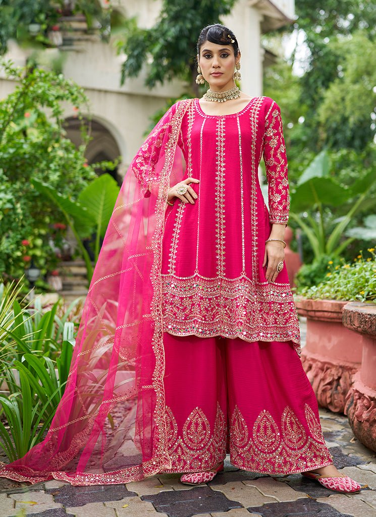 Magenta Pink Heavy Embroidered Partywear Sharara Style Anarkali Dress.