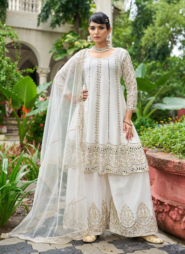 Off-white Heavy Embroidered Partywear Sharara Style Anarkali Dress.
