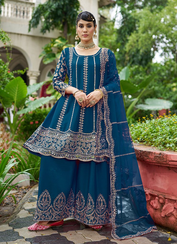 Royal Blue Heavy Embroidered Partywear Sharara Style Anarkali Dress.