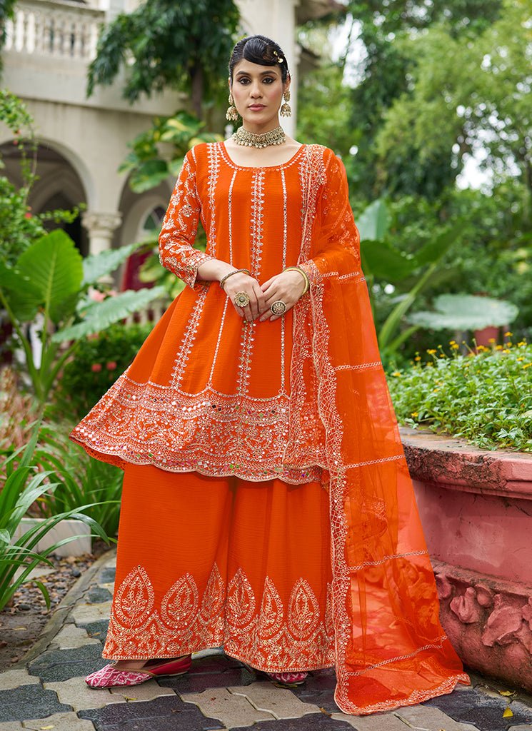 Orange Heavy Embroidered Partywear Sharara Style Anarkali Dress