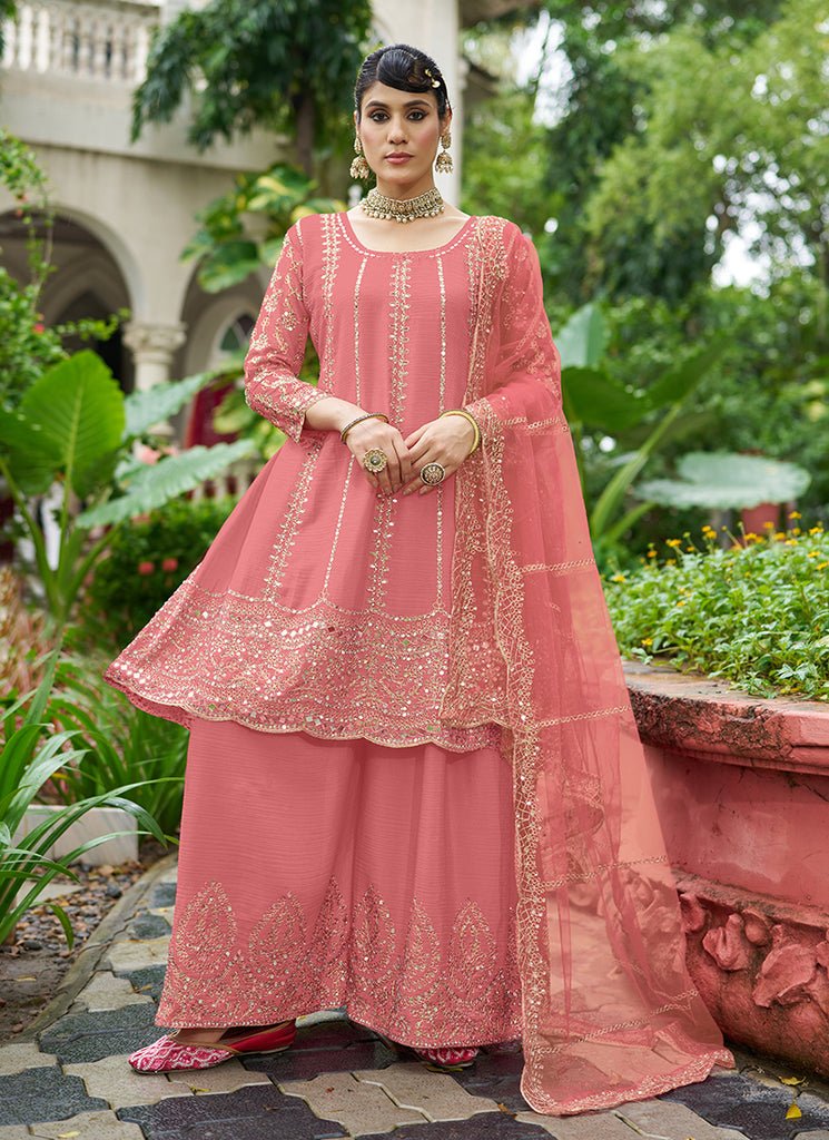 Peach Heavy Embroidered Partywear Sharara Style Anarkali Dress