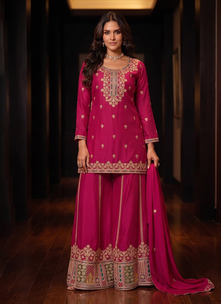 Magenta Pink Heavy Embroidered Partywear Sharara Style Dress.