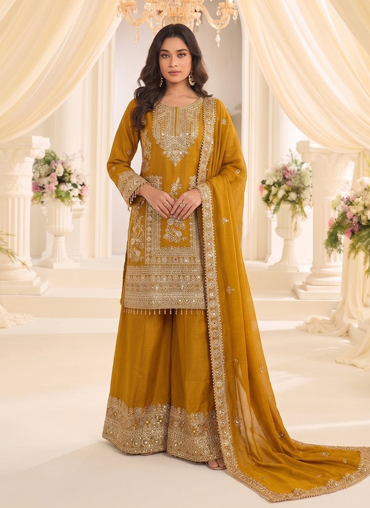 Mustard Yellow Heavy Embroidered Partywear Palazzo Style Dress