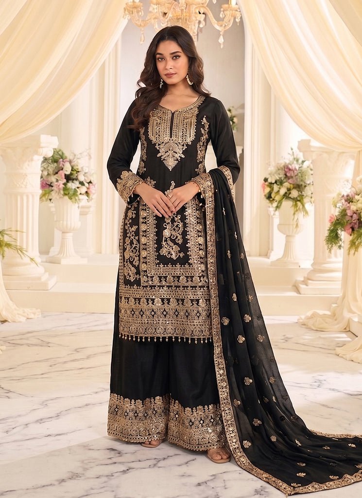 Black Heavy Embroidered Partywear Palazzo Style Dress