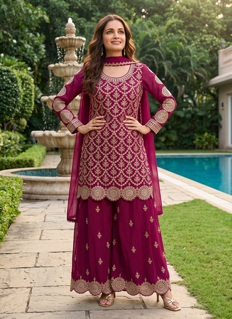 Wine Heavy Embroidered Partywear Palazzo Style Dress