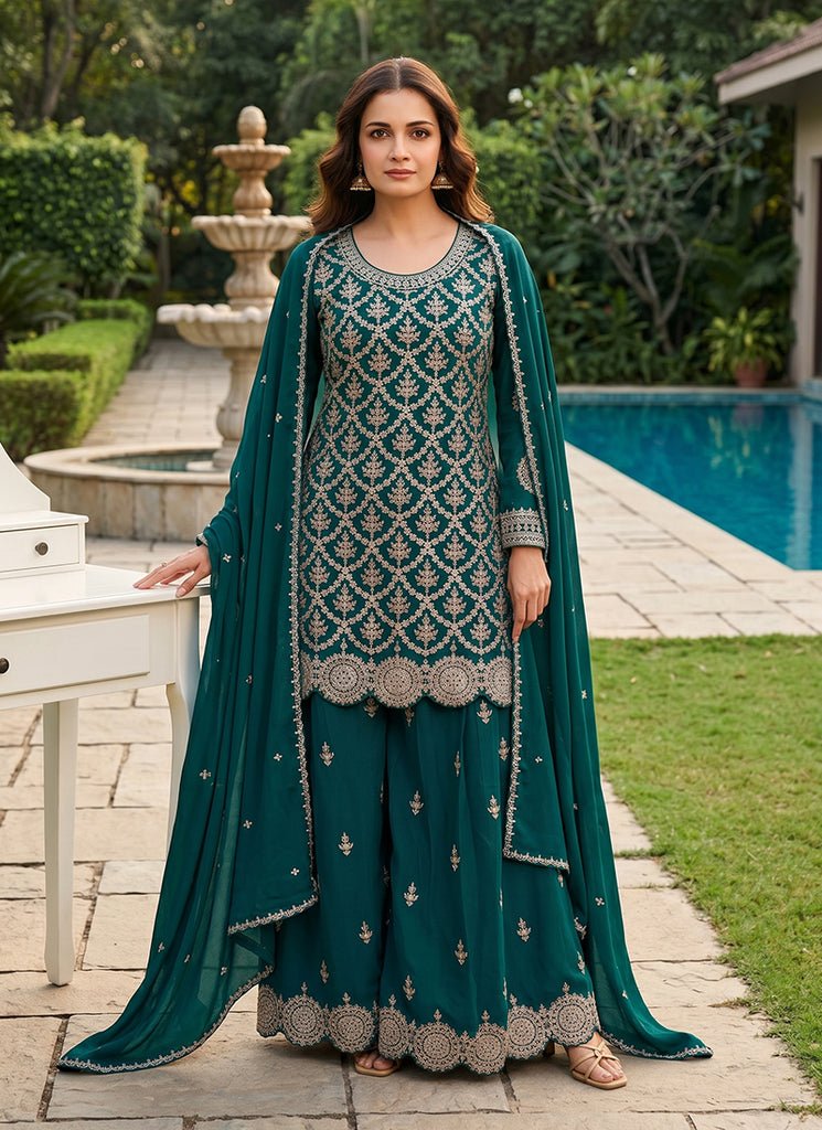 Bottle Green Heavy Embroidered Partywear Palazzo Style Dress